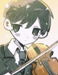  1boy alternate_costume black_eyes black_hair black_necktie black_suit blush bow_(music) closed_mouth collared_shirt commentary_request expressionless highres holding holding_bow_(music) holding_instrument holding_violin instrument looking_at_viewer male_focus nata_kadu necktie omori shirt short_hair solo suit sunny_(omori) upper_body violin white_shirt 