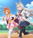  2girls ahoge animal_ears armor black_leggings black_pantyhose blue_eyes blue_sailor_collar blue_skirt blue_sky blush boots breasts brooch cape closed_mouth cloud crown ear_ornament fingerless_gloves gloves gold_armor gold_boots gold_corset grey_hair grey_tail hair_between_eyes hair_ornament hairband hands_on_own_hips highres horse_ears horse_girl horse_tail jacket jewelry leggings long_hair long_sleeves meiji_(kurumierika) midriff mini_crown multicolored_hair multiple_girls multiple_rings navel neckerchief oguri_cap_(starlight_beat)_(umamusume) oguri_cap_(umamusume) open_mouth orange_hair orange_tail outdoors panty_straps pantyhose pink_cape pink_crown pleated_skirt purple_eyes red_neckerchief ring running sailor_collar shirt short_hair shoulder_armor skirt sky smile solo star_brooch t.m._opera_o_(o_sole_suo!)_(umamusume) t.m._opera_o_(umamusume) tail thighhighs two-tone_skirt umamusume white_boots white_gloves white_jacket white_shirt white_thighhighs 