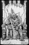 1boy absurdres arm_on_knee armor armored_boots artist_name aurous_(dark_souls) belt black_border boots border breastplate commentary dark_souls_(series) dark_souls_ii full_armor full_body gauntlets greaves greyscale hand_up helmet highres holding holding_sword holding_weapon knight loincloth looking_down male_focus menaslg monochrome pauldrons shoulder_armor sitting sitting_on_throne solo spiked_helmet spiked_pauldrons spikes sword thorns throne weapon 