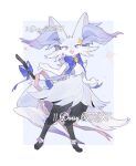  1other :3 alternate_color alternate_shiny_pokemon animal_ears bell blue_background blue_bow blue_bowtie blue_eyes border bow bowtie braixen chinese_commentary commentary_request commission digitigrade fox_ears fox_tail full_body furry heterochromia highres jingle_bell kamier586 looking_at_viewer neck_bell open_mouth original other_focus pokemon pokemon_(creature) pokemon_focus purple_eyes ribbon simple_background solo sparkle standing stick tail watermark white_border white_fur 