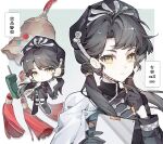  :< bell beret black_boots black_dress black_gloves black_hat boots border cape cellphone chibi chibi_inset chinese_text chinstrap clipboard commission dress full_body gloves gradient_background green_background hands_up hat highres holding holding_clipboard holding_pencil liang_yue_(reverse:1999) long_hair low_twintails multiple_views outside_border pencil phone reverse:1999 second-party_source side_cape speech_bubble thigh_boots twintails upper_body white_border white_cape yellow_eyes yuanweiji_mengnu 