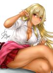  1girl blonde_hair breasts cleavage dark_skin elf gyaru large_breasts long_hair looking_at_viewer okumori_boy plaid_skirt pointy_ears red_eyes signature simple_background sitting smile solo sweater_around_waist thighs white_background 