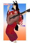  2018 absurdres acoustic_guitar animal_ears bangs black_eyes black_hair blunt_bangs blush chinese_zodiac commentary_request dog_ears dog_tail floral_print futoshi_slim gradient gradient_background guitar hands_up highres holding holding_instrument instrument japanese_clothes kimono long_sleeves looking_at_viewer medium_hair multicolored multicolored_background obi original parted_bangs red_kimono sash smile solo tail wide_sleeves year_of_the_dog 