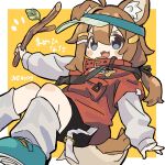  1girl ahoge animal_ears aqua_shoes black_shorts blue_eyes border brown_hair character_name collar commentary_request dog_ears dog_girl dog_tail fangs grey_socks hair_between_eyes hair_ornament hairclip highres holding holding_stick invisible_chair layered_sleeves long_hair long_sleeves low_ponytail mamehinata nerio_(neri_akira) one-hour_drawing_challenge open_mouth outside_border ponytail red_collar red_shirt shirt shoes short_over_long_sleeves short_sleeves shorts sitting skin_fangs smile socks solo stick tail tareme translated visor_cap vrchat white_border white_shirt yellow_background 
