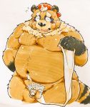  2017 anthro balls belly blush brown_fur canine eyes_closed fur hat male mammal moobs nipples overweight overweight_male penis simple_background solo suishou0602 tanuki white_background 