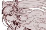  animal_ears bangs blunt_bangs cape commentary erune granblue_fantasy greyscale hankuri long_hair looking_at_viewer metera_(granblue_fantasy) mole mole_under_mouth monochrome simple_background smile solo upper_body white_background 