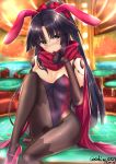  adapted_costume animal_ears bangs black_hair black_legwear blush breasts bunny_ears bunny_girl bunnysuit covered_navel doll_joints fake_animal_ears fate/grand_order fate_(series) high_heels high_ponytail highres katou_danzou_(fate/grand_order) leotard long_hair medium_breasts pantyhose ponytail red_scarf robot_joints scarf sebire sitting solo strapless strapless_leotard yellow_eyes 