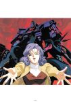  1990s_(style) 1girl absurdres baund_doc beam_cannon chest_cannon closed_eyes gaplant gundam happy highres jacket kitazume_hiroyuki long_hair machinery mecha mobile_suit one-eyed open_mouth painting_(medium) psycho_gundam_mk_ii purple_hair reaching reaching_towards_viewer retro_artstyle robot rosamia_badam scan science_fiction titans_(gundam) traditional_media v-fin zeta_gundam 