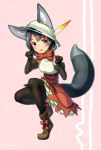  :d adapted_costume alternate_costume animal_ears black_eyes black_gloves black_hair black_legwear boots bow bowtie commentary_request ears_through_headwear elbow_gloves eyebrows_visible_through_hair fang full_body gloves hat hat_feather high-waist_skirt highres kaban_(kemono_friends) kemono_friends kemonomimi_mode looking_at_viewer open_mouth paw_pose pink_background shirt short_hair signature simple_background skirt sleeveless sleeveless_shirt smile solo tail thighhighs welt_(kinsei_koutenkyoku) white_hat 