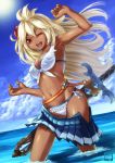  :d absurdres ahoge belt bikini cloud commentary_request dark_skin day flower front-tie_bikini front-tie_top granblue_fantasy hair_flower hair_ornament highres long_hair michitarou midriff navel ocean one_eye_closed open_mouth pleated_skirt red_eyes scabbard sheath sheathed side-tie_bikini skirt smile solo standing sun swimsuit sword wading weapon white_bikini white_hair zooey_(granblue_fantasy) 