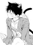  1boy abs animal_ears bare_pectorals cat_boy cat_ears cat_tail collarbone commentary_request dot_nose hat highres kemonomimi_mode korean_commentary long_sleeves looking_to_the_side male_focus monkey_d._luffy one_piece open_clothes open_shirt pectorals qkdrkqkdrks2 scar scar_on_cheek scar_on_chest scar_on_face shirt short_hair shorts sideways_glance simple_background sitting solo straw_hat tail toned toned_male unworn_hat unworn_headwear white_background 