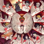  1other 6+boys 6+girls absurdres angel angel_wings apostle_(project_moon) black_hair blonde_hair bob_cut brown_hair chyapssal clock dante_(limbus_company) don_quixote_(project_moon) e.g.o_(project_moon) faust_(project_moon) fire gregor_(project_moon) grin halo heathcliff_(project_moon) highres holding holding_scythe hong_lu_(project_moon) ishmael_(project_moon) limbus_company lobotomy_corporation long_hair looking_at_viewer meursault_(project_moon) multiple_boys multiple_girls multiple_wings object_head orange_hair outis_(project_moon) paradise_lost_(e.g.o) project_moon rodion_(project_moon) ryoshu_(project_moon) scythe seraph short_hair sinclair_(project_moon) smile very_long_hair white_hair white_mask white_wings whitenight_(project_moon) wings yi_sang_(project_moon) 