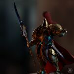  1boy adeptus_custodes armor bad_link cloak engraved_armor gold_armor gorget guardian_spear highres holding holding_polearm holding_weapon holster joazzz2 pauldrons pointing polearm power_armor red_cloak red_eyes red_plume scabbard sheath shoulder_armor simple_background warhammer_40k weapon 