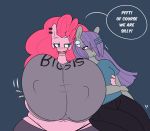  anthro big_breasts blue_eyes breasts clothed clothing ear_piercing earth_pony english_text equine fan_character female friendship_is_magic hair hairclip horse huge_breasts hugtastic_pinkie_pie jiggle mammal maud_pie_(mlp) midriff my_little_pony navel nipple_bulge piercing pink_hair pinkie_pie_(mlp) pony purple_hair simple_background slightly_chubby somescrub speech_bubble text wide_hips 