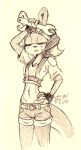 bottomwear clothing eyes_closed female feral fingerless_gloves gloves hand_on_hip handwear hi_res jak_and_daxter mammal mustelid naughty_dog ottsel semi-anthro shirt shorts sketch solo sony_corporation sony_interactive_entertainment soulcentinel standing tank_top tess_(jak_and_daxter) tired tools topwear traditional_media_(artwork) violetechoes wrench