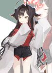  1girl :3 :d ^_^ absurdres ahoge black_shorts blue_archive blush brown_hair closed_eyes closed_mouth coat commentary_request cowboy_shot demon_girl demon_horns demon_tail detonator grey_background hair_between_eyes hair_intakes halo highres holding_detonator horns huge_ahoge kasumi_(blue_archive) kisaka lab_coat long_hair looking_at_viewer open_clothes open_coat open_mouth outline red_halo red_shirt shirt shorts sidelocks simple_background sleeves_past_fingers sleeves_past_wrists smile smug solo standing tail thighs tsurime two-tone_background v-shaped_eyebrows very_long_hair wavy_ends white_background white_coat white_outline wide_sleeves yellow_eyes zoom_layer 