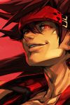  bright_pupils commentary grin guilty_gear hankuri headband looking_at_viewer male_focus parted_lips portrait red_background red_eyes simple_background smile sol_badguy solo 