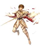  aoji_(aoji-web) armor bangs boots broken_armor brown_eyes brown_hair cape faulds fingerless_gloves fire_emblem fire_emblem:_thracia_776 fire_emblem_heroes full_body gauntlets gloves highres holding holding_sword holding_weapon knee_boots leaf_(fire_emblem) looking_away male_focus official_art open_mouth pants short_hair shoulder_armor solo sword torn_clothes transparent_background weapon 