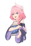  1girl bare_shoulders blue_eyes breasts coat cyrene_(honkai:_star_rail) cyrene_(philia093)_(honkai:_star_rail) dress flower fursealjj hair_ornament highres honkai:_star_rail honkai_(series) jewelry long_hair looking_at_viewer multicolored_hair pink_hair purple_coat purple_eyes smile solo symbol-shaped_pupils very_long_hair white_hair 