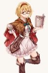  :q blonde_hair book boots breasts brown_footwear commentary_request djeeta_(granblue_fantasy) dress glasses granblue_fantasy green_ribbon hairband hand_on_ass highres holding holding_book looking_at_viewer medium_breasts neck_ribbon open_book red-framed_eyewear red_hairband ribbon semi-rimless_eyewear short_dress short_hair simple_background solo sparkle standing standing_on_one_leg thigh_boots thighhighs tongue tongue_out under-rim_eyewear white_background white_dress yellow_eyes yuya_(night_lily) 