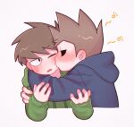  2boys absurdres annoyed blue_hoodie blush brown_hair commentary_request cropped_shoulders drunk edd_(eddsworld) eddsworld green_hoodie highres hollow_eyes hood hood_down hoodie hug jitome kiss kissing_cheek long_sleeves male_focus mau_(edd_tom) multiple_boys one_eye_closed open_mouth profile short_hair simple_background spiked_hair tom_(eddsworld) toon_(style) white_background yaoi 