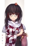  1girl bag bag_charm bell brown_eyes brown_hair charm_(object) commentary_request enpera eyewear_strap glasses haizome_senri hakama highres japanese_clothes jingle_bell kimono leaf leaf_on_head looking_at_viewer maple_leaf original parted_lips red-framed_eyewear scarf shoulder_bag solo 