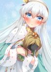  anastasia_(fate/grand_order) bangs batten blue_eyes blush cape commentary_request crossed_bangs crown doll dress dutch_angle eyebrows_visible_through_hair fate/grand_order fate_(series) hair_between_eyes hairband highres holding holding_doll jewelry long_hair looking_at_viewer mini_crown royal_robe silver_hair single_earring solo very_long_hair white_dress 