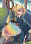  1girl bad_food blonde_hair blue_robe braid censored censored_food choker commentary_request disgust dungeon_meshi forest highres laios_touden long_hair marcille_donato nature offering_food pirate_yuri plate pointy_ears robe shaded_face sitting solo_focus spanish_commentary staff 