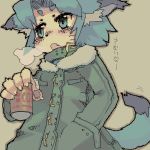  5_fingers ambiguous_gender beverage black_tail blue_eyes blue_hair blue_tail breath cat clothed clothing coat collar feline fur hair inner_ear_fluff japanese_text mammal multicolored_tail ricosye solo tan_fur text 