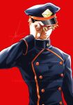  1boy bakugou_katsuki bilingual_commentary black_hat black_jacket blonde_hair boku_no_hero_academia buttons collared_jacket commentary_request cowboy_shot english_commentary haru_(reharux035) hat highres jacket long_sleeves looking_to_the_side male_focus mixed-language_commentary one_eye_covered parted_lips peaked_cap red_background red_eyes red_trim sanpaku short_hair sideways_glance signature simple_background sleeve_cuffs smile solo 