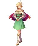  bangs blonde_hair boots breastplate breasts bridal_gauntlets cape capelet closed_mouth collarbone crossed_legs dress fire_emblem fire_emblem:_thracia_776 fire_emblem_heroes full_body green_dress green_eyes hair_ornament hands_together head_tilt high_heel_boots high_heels highres jewelry konfuzikokon looking_at_viewer medium_breasts nanna_(fire_emblem) necklace official_art short_dress short_hair short_sleeves shoulder_armor sidelocks smile solo standing transparent_background 