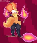 anthro charlieholidayz delphox female fire fire_stick fur generation_6_pokemon hi_res nintendo pokemon pokemon_(species) red_body red_fur solo standing stick thick_thighs yellow_body yellow_fur