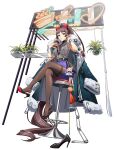  1girl absurdly_long_hair adjusting_hair awning azusa_(langrisser) badge bag bare_arms bare_shoulders belt between_breasts black_shoes blue_eyes blue_jacket blunt_bangs bracelet breasts brown_hair brown_pantyhose button_badge cable_knit cafe chain chain_necklace charm_(object) crossed_legs cup display disposable_cup drink drinking drinking_straw drinking_straw_in_mouth earrings full_body fur-trimmed_jacket fur-trimmed_sleeves fur_trim game_cg glass_table grey_shirt hair_ribbon hand_in_own_hair handbag hanging_plant high_heels high_ponytail highres holding holding_cup holding_drink hoop_earrings jacket jacket_on_shoulders jewelry langrisser langrisser_mobile large_breasts long_hair looking_at_viewer necklace official_alternate_costume official_art on_stool open_clothes open_jacket oversized_object pantyhose plant plunging_neckline ponytail potted_plant pumps purple_skirt red_ribbon ribbed_sweater ribbon safety_pin second-party_source see-through_cleavage see-through_clothes shirt shoe_dangle shoes shop shoulder_bag sign simple_background sitting skirt sleeveless sleeveless_shirt sleeveless_sweater solo stool storefront strap_between_breasts sweater table tachi-e tassel thighband_pantyhose transparent_background unworn_shoes unzipped very_long_hair 
