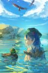  1girl animal bird blue_eyes blue_hair blue_shirt blue_sky cloud commentary_request duck fish fish_zeratin from_side hat hawk highres holding holding_animal holding_fish in_water kawashiro_nitori long_sleeves medium_hair shirt sky touhou two_side_up water wet 