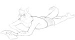  anthro barefoot canine clothed clothing eyewear glasses male mammal shorts solo thegreatmatsutzu topless wolf 