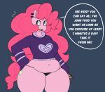  anthro belly blue_eyes breasts clothed clothing ear_piercing earth_pony english_text equine fan_character female friendship_is_magic hair hand_on_hip horse hugtastic_pinkie_pie mammal midriff my_little_pony navel noseless piercing pink_hair pinkie_pie_(mlp) pony simple_background slightly_chubby somescrub speech_bubble sweater text thick_thighs thong voluptuous wide_hips 