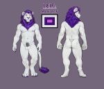  anthro balls chastity_cage chastity_device color_swatch dipstick_tail facing_back facing_forward felid fluffy_balls fur genitals hi_res lion male mammal mane markings pantherine purple_eyes purple_mane purple_tail_tip reference_image smile smiling_at_viewer solo sunitai tail tail_markings white_body white_fur 