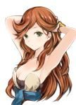  armpits arms_up bracelet breasts brown_hair cleavage collarbone cropped_torso granblue_fantasy green_eyes jewelry long_hair looking_at_viewer medium_breasts nannacy7 sara_(granblue_fantasy) sideboob simple_background solo strapless tying_hair very_long_hair white_background 