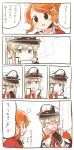  blonde_hair blush capelet collared_shirt comic commentary_request cup graf_zeppelin_(kantai_collection) green_ribbon grey_eyes hair_between_eyes hair_ornament hairclip hat high_ponytail kantai_collection long_hair orange_hair peaked_cap rebecca_(keinelove) ribbon shirt sidelocks steam translated tsurime twintails wavy_hair white_shirt 