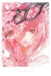  1girl absurdres cherry_blossoms commentary english_text flower flower_in_mouth german_text highres hood hoodie kaf_(kamitsubaki_studio) kamitsubaki_studio long_hair meeime114514 one_eye_covered pink_hair purple_eyes red_pupils solo virtual_youtuber white_background yellow_pupils 