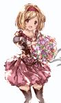  :d black_legwear blonde_hair bouquet brown_eyes collarbone djeeta_(granblue_fantasy) flower granblue_fantasy hairband highres holding holding_bouquet looking_at_viewer miniskirt moko_(alice) open_mouth pink_flower pink_skirt pleated_skirt purple_flower red_hairband short_hair shoulder_armor simple_background sketch skirt smile solo spaulders thighhighs white_background white_flower zettai_ryouiki 