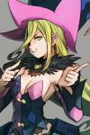  black_sleeves blonde_hair breasts closed_mouth commentary detached_sleeves dress green_eyes grey_background hankuri hat long_hair looking_at_viewer magilou_(tales) medium_breasts mismatched_sleeves pink_sleeves pointing pointy_ears pouch simple_background smile solo tales_of_(series) tales_of_berseria upper_body witch_hat 