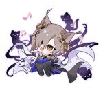  1boy animal animal_ears arknights beamed_eighth_notes black_cat black_gloves black_jacket black_pants black_shoes blush brown_eyes brown_hair cat chibi eighth_note gloves hair_over_one_eye highres jacket long_sleeves male_focus musical_note myluche open_mouth outline outstretched_arms pants phantom_(arknights) purple_outline quarter_note shirt shoes simple_background solo spread_arms standing tragodia_(arknights) white_background white_shirt 