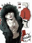  1boy abs absurdres alternate_costume bakugou_katsuki black_pants blonde_hair boku_no_hero_academia commentary_request dated fur-trimmed_hood fur-trimmed_jacket fur_trim hair_between_eyes highres hood hood_up jacket kingxxxx715 looking_at_viewer male_focus multiple_views pants pectorals red_eyes red_jacket scar scar_on_chest scar_on_face short_hair teeth toned toned_male tongue tongue_out twitter_username 