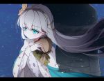  1girl anastasia_(fate/grand_order) bangs black_jacket black_pants blue_eyes blush cape commentary_request crown doll dress eyebrows_visible_through_hair fate/grand_order fate_(series) hairband holding holding_doll jacket kadoc_zemlupus letterboxed long_hair long_sleeves mini_crown pants royal_robe sana_hamada signature silver_hair snow standing very_long_hair winter 