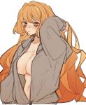  09wave_hb 1girl arm_up body_freckles breasts chest_freckles collared_shirt freckles grey_jacket highres ishmael_(project_moon) jacket large_breasts limbus_company long_hair long_sleeves navel open_clothes open_jacket orange_eyes orange_hair project_moon shirt simple_background solo very_long_hair white_background 