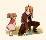  1boy 1girl black_shirt blonde_hair boots braid brown_hair commentary dress edward_elric elicia_hughes flower fullmetal_alchemist gloves image_sample jacket kneeling looking_at_another lowres pants pink_background shirt simple_background smile tumblr_sample twintails 