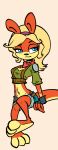 accessory blonde_hair blue_eyes bottomwear clothing digital_media_(artwork) female feral fingerless_gloves fur gloves hair hair_accessory hairband handwear jak_and_daxter looking_at_viewer mammal multicolored_body multicolored_fur mustelid naughty_dog orange_body orange_fur ottsel paws semi-anthro shirt shorts simple_background sitting solo sony_corporation sony_interactive_entertainment soulcentinel tank_top tess_(jak_and_daxter) topwear two_tone_body two_tone_fur violetechoes