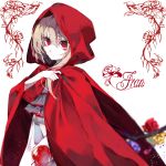  absurdres apple blonde_hair blood commentary_request dress flandre_scarlet food fruit highres letter looking_at_viewer red_eyes red_hood ribbon short_hair solo touhou white_background zhixie_jiaobu 