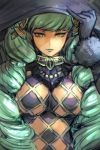  breasts closed_mouth commentary drill_hair fiore_brunelli fur_trim gloves green_hair green_lipstick grey_gloves hair_ornament hand_on_headwear hand_up hankuri hat large_breasts lipstick looking_at_viewer makeup revealing_clothes solo star_ocean star_ocean_integrity_and_faithlessness upper_body yellow_eyes 